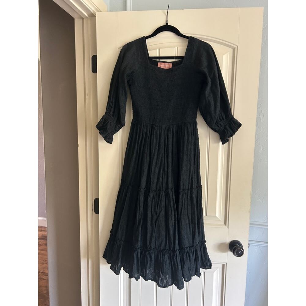 JessaKae Black Smocked Midi Dress with Puff Sleeves